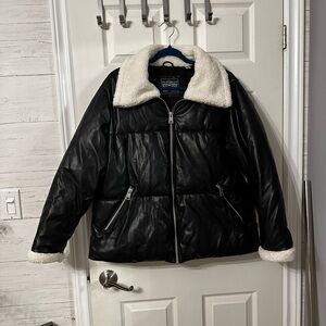 Levi's Black Leather Puffer Jacket with Cream Teddy Bear Collar
